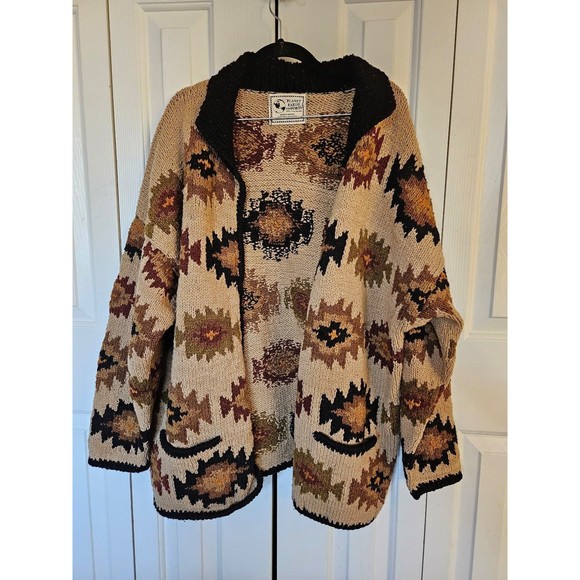 Vintage Aztec print Bolivia hand knitted planet Earth imports wool sweater brown - Picture 2 of 10